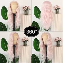 13X4 Light Blue Long Body Wave Lace Front Wig 28" Long Wavy Wigs Glueless Free Part Blue Wavy Hair Adjustable Straps & Combs Heat Resistant Blue Loose Wave Synthetic Hair Replacement Wigs For Women For Daily Wear Parties & Special Occasions - 淡粉紅色 - 查看 8
