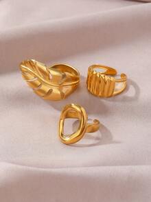 3pcs Set Gold-Plated Open Rings: Leaf Texture + Geometric Design, Suitable For All Women's Outfits - Gold - View 5
