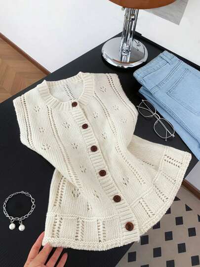 Women's Casual Hollow Design Knit Cardigan Vest, Beige Color, Suitable For Spring/Summer Vacation And Brunch Outfit