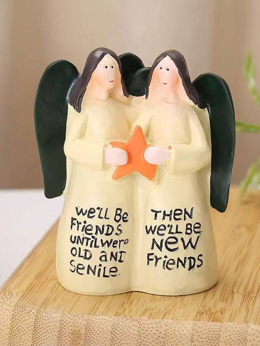 1pc Friendship Angel Figurine With Star, Resin Sisters Sculpture, Classic Style With Inspirational Quote, Indoor Tabletop Or Outdoor Garden Decor, Thoughtful Gift For Best Friend - Multicolor - View 1