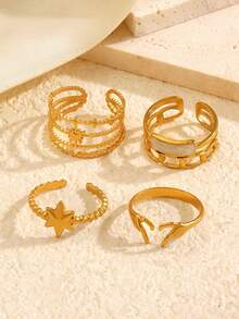 4pcs 18K Gold Plated Stainless Steel Vintage Geometric Star, Sun, Heart, Oval Rings Set, Elegant Fashion Jewelry Gift For Women, Suitable For Daily, Holiday, Party, Date Occasions - Multicolor - View 3