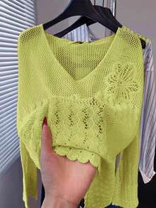 Vintage Soft V-Neck Hollow Out Beach Cover Up, Loose Casual Sunscreen Top, Spring/Summer 2026 New Arrival Vacation - Yellow - View 7