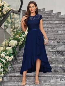 MIUSOL Colorblock Floral Lace Chiffon Ruffle Hem Formal Party Dress, Elegant Bridesmaid Dress, Semi-Formal Ladies Dress, Suitable For Vacation, Graduation Ceremony, Gala And Other Occasions - Navy Blue - View 1