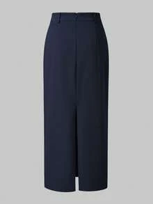 QUNGIGU Women's Solid Color Basic Slit Casual Comfortable High Waist A-Line Maxi Skirt - Navy Blue - View 5