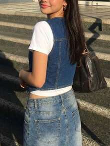 Cropped Denim Vest, Vintage Fitted Cotton Women Jacket - Dark Wash - View 4