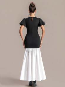 Women's Black & White Contrast Rhinestone Collar Puff Sleeve Fishtail Dress, Retro Elegant Style - Black - View 2