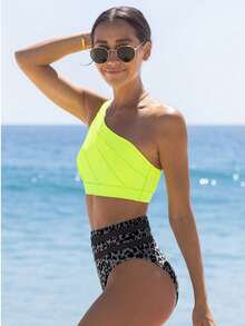 popvil Bộ bikini cạp cao họa tiết da báo dành cho nữ, kiểu áo tắm hai mảnh có dây đeo vai, thích hợp cho kỳ nghỉ hè ở bãi biển. - Màu Mù tạt vàng - Xem 4