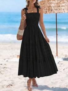 Women Summer Sleeveless Tie Shoulder Strap Smocked High Waist A-Line Long Maxi Dress Boho Beach Holiday Vacation Valentine Sundress With Pockets - 黑色 - 查看 6