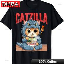 Funny Catzilla Eating Ramen Cute Cat Lover Japanese Art T-Shirt Minimalist Graphic Tops Funny Nostalgic Vintage Tshirts Shirts - 黑色 - 查看 1