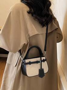 Casual Colorblock Textured Versatile Commuter Retro Small Handbag, Metal Clasp Closure, Women's - Black - View 6