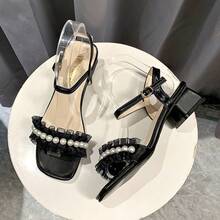 Sandalias de Punta Cuadrada Estilo Francés para Mujeres con Vestido Verano 2025 Nuevas Sandalias Romanas de Tacón Grueso con Correa de Perlas - Blanco - Ver 4