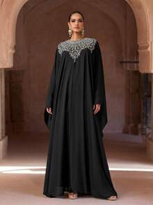 Abaya de gasa azul elegante, adornada con decoración plateada, de manga larga, adecuada como abaya, abaya de fiesta o vestido formal (corte holgado - consulte la tabla de tallas) - Negro - Ver 7