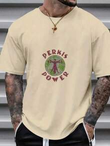 Essential White Cotton T-Shirt With "PERKIS POWER" Pattern - Khaki - View 1