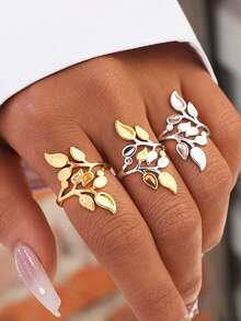 3pcs/1pc Vintage Gold Stainless Steel Adjustable Ring Jewelry Accessories, Green Leaf, Women's Promise Ring, Quality High Jewelry - Multicolor - View 2