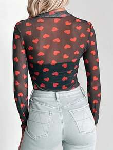 Acelitt Women's Black Sheer Mesh Heart Print Turtleneck Fitted Long Sleeve Top, Spring - Multicolor - View 2
