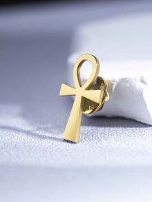 1pc Vintage Stainless Steel Gold-Plated Ankh Symbol Lapel Pin, Men's Formal Wear, Streetwear, Suit Accessory, Jewelry - Cross Brooch - View 7