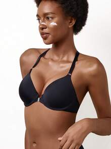 Sujetador con cierre delantero y aros - Push Up, diseño cómodo de espalda de tirantes - Negro - Ver 5