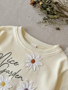 2pcs/Set Toddler Girls Flower Applique Mesh Hem Crew Neck Long Sleeve Sweatshirt + Green Pants, Spring/Autumn - Beige - View 11