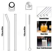 Conjunto de 8 canudos de vidro curtos (15 cm) com 2 escovas de limpeza – 8 mm de diâmetro externo. Perfeitos para copos pequenos, copos baixos e copos de uísque | Transparentes, reutilizáveis e próprios para lava-louças | Ideais para coquetéis, café, chá e smoothies | Ótima opção de presente para o Dia dos Namorados, festas e para usar em casa. - Claro - Ver 8