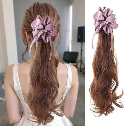 Purple Satin Drawstring Ponytail Extension - Long Curly Braided Hairpiece, Realistic Synthetic Hair Accessory For Volume Enhancement