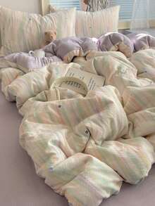 四件套彩色渐变波点床上用品，韩式清新浪漫舒适，亲肤双层雪纺床品（1个被套+1个床单+2个枕套），卧室装饰，情人节/节日礼物，派对装饰，不含被芯和枕芯，枕套图案随机裁剪 - 淡紫色 - 查看 2