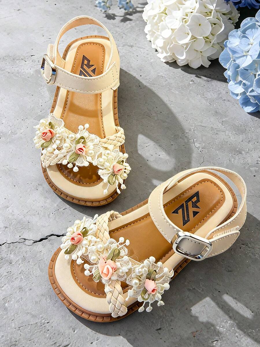 New Summer Girls Flat Sandals, Fashionable & Versatile With Woven Floral Decor, Hook And Loop Design For Easy On/Off, Comfortable & Non-Slip, Suitable For Daily Wear, Vacation, Outing And Party