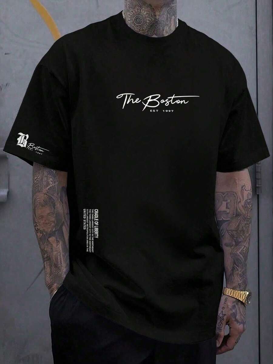 Camiseta casual de manga corta con cuello redondo y estampado de letra para hombres de talla grande, fácil de combinar, mejor regalo para amigos - Negro - Ver 1