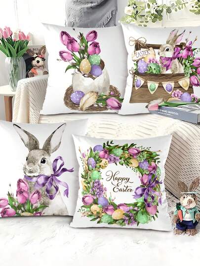 4pcs Easter Bunny Pillow Cases, Floral Tulip Body Pillow Covers, Glitter Decorative Cushion Covers, Easter Egg Decor, Spring Home Decor, Easter Party Supplies,Easter Party Decor, Bunny Pattern Throw Pillows, Room Decor, Sofa Pillow Cases, Bedroom Decor, Easter Gift , Party Favors, Decor For Home