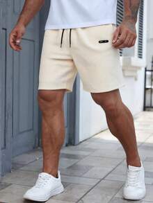 男士纯色抽绳腰休闲口袋提花短裤，宽松抽绳短裤，适合夏季户外街头穿着，男士沙滩短裤，适合作为送给丈夫或男友的礼物 - 杏色 - 查看 11