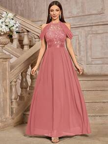 MIUSOL High Neck Elegant Sequin Floral Lace Off-Shoulder Maxi Dress, Women's Graceful Party Gown Suitable For Wedding Guest, Vacation, Graduation Ceremony, Formal Dinner And Other Occasions - Dusty Pink - View 2