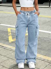 女士浅蓝色工装牛仔裤，宽松直筒抽绳腰带多口袋设计，Y2K街头风 - 淺色水洗藍 - 查看 6