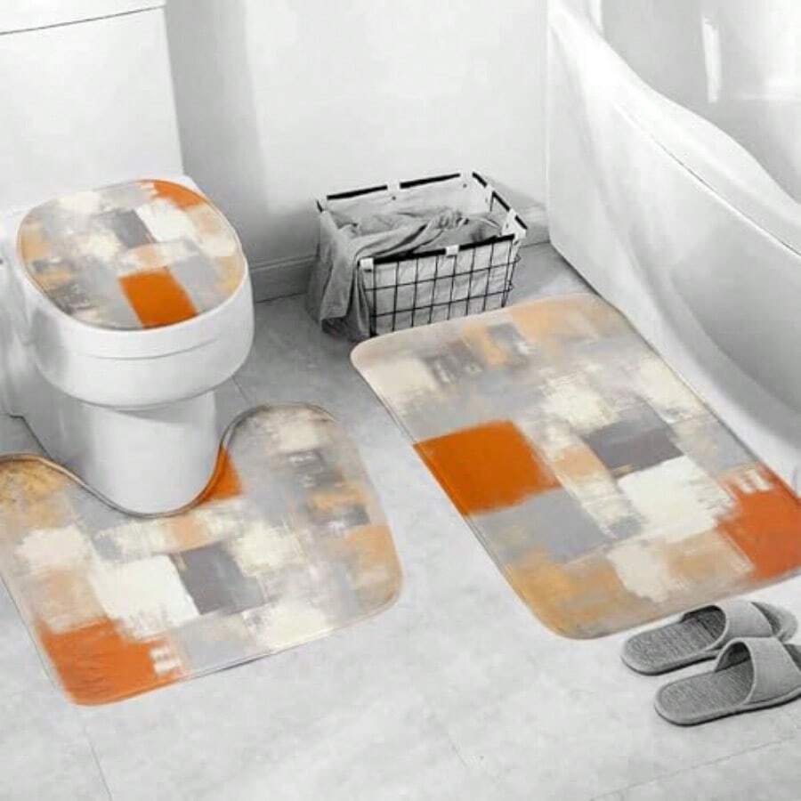 EMMTEEY - Juego de 4 piezas de baño con cortina de ducha con alfombras juego de baño de mármol blanco dorado juego de cortina de ducha con alfombras antideslizantes cubierta de tapa de inodoro y - 182,9An x 182,9Al cm (4 paneles) + Gris naranja 01 - Ver 1