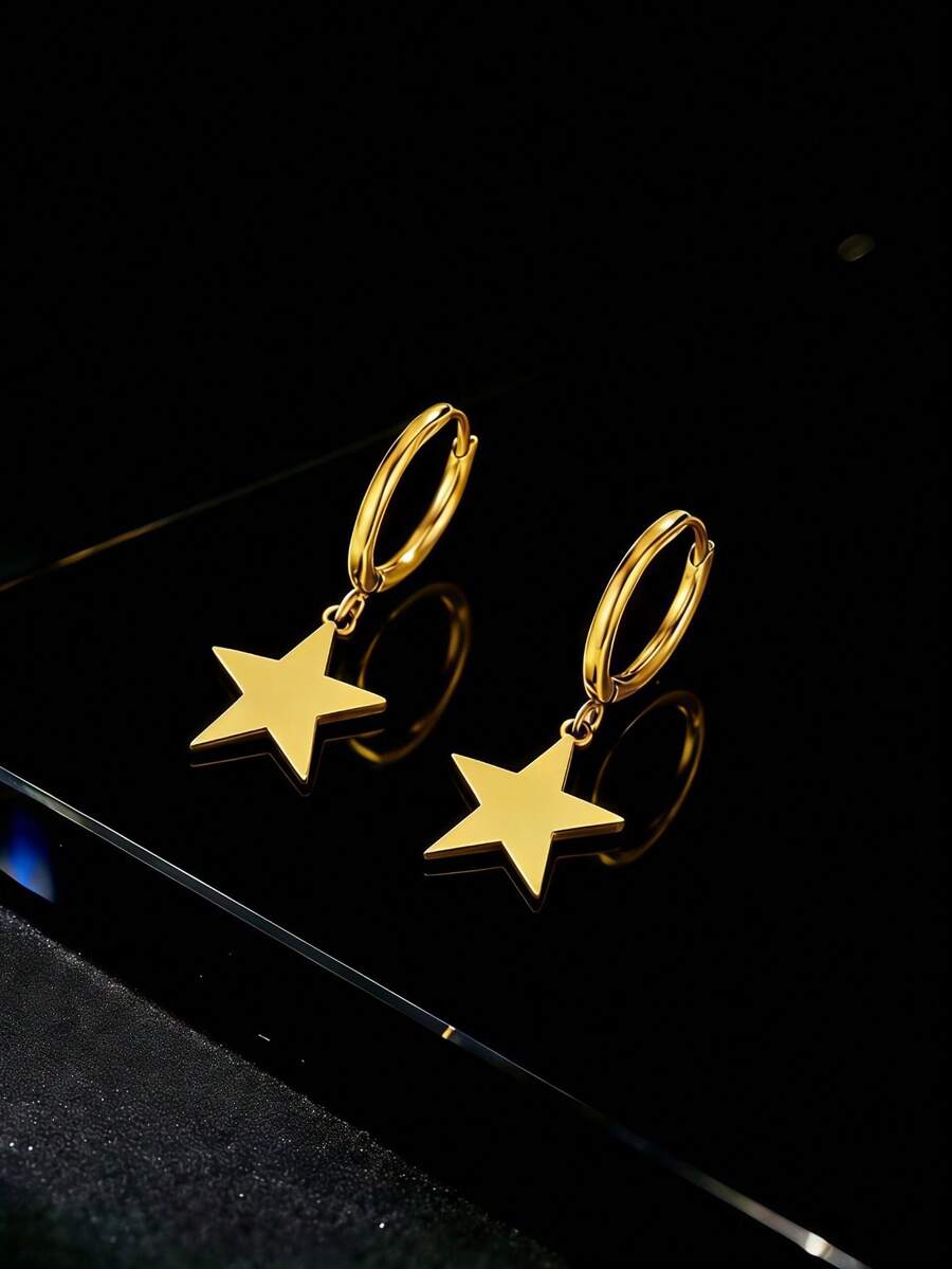 1pc Fashionable, Exquisite, Cute, Minimalist, Unique Stainless Steel Pentagram & Hoop Earrings, Suitable For Women's Outfits In Spring, Summer, Autumn, Winter, For Work, Study, Dating, Travel, Concerts, Parties, And Various Holidays - Gold - Five-pointed Star - View 1