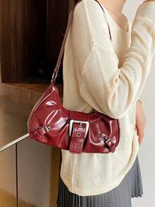 Y2K Vintage Soft Distressed Leather Motorcycle Bag With Rivet, Buckle, Pleated Cloud Decor, Shoulder/Underarm Bag, Suitable For Work, Commute, Date, Party - 酒紅色 - 查看 10