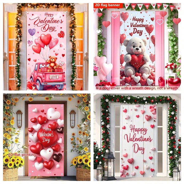 1 pieza Cortina colgante para decoración del Día de San Valentín, Gran pancarta de fondo para el Día de San Valentín, Decoración romántica con corazón, flor y oso, Decoración para fiesta interior/exterior