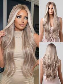 5星推荐 28英寸/71厘米长波浪渐变假发，无刘海 - 女士耐热合成假发，外观自然，适合角色扮演，彩色合成假发，耐高温假发，适合女士日常时尚造型，也适合万圣节和圣诞节等场合。 - 挑染白色 - 查看 2