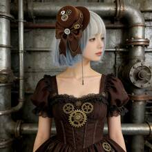 1个蒸汽朋克棕色蝴蝶结洛丽塔发夹，复古齿轮链装饰 - 彩色 - 查看 4