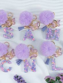 Cute Pom Pom Sequin Letter A-Z Resin Tassel Keychain, Wallet & Handbag Charm, Chain Backpack Pendant, Car Hanging Ornament, Girl Gift, School, Car Accessories, Gothic Y2k - Purple - View 2