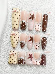 10片可爱美甲贴纸套装，蕾丝法式美甲，亚克力美甲套装，蝴蝶结、星星、漩涡、波点图案，马卡龙色假指甲，包含指甲锉，3种形状：杏仁形、鸭嘴形、棺材形，适合通勤、秋冬季、生日、派对、日常佩戴，甜美女孩美甲用品，手工制作的按压式美甲贴片 - 彩色 - 查看 1