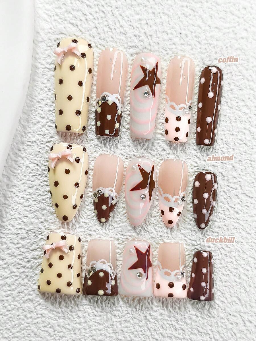 10片可爱美甲贴纸套装，蕾丝法式美甲，亚克力美甲套装，蝴蝶结、星星、漩涡、波点图案，马卡龙色假指甲，包含指甲锉，3种形状：杏仁形、鸭嘴形、棺材形，适合通勤、秋冬季、生日、派对、日常佩戴，甜美女孩美甲用品，手工制作的按压式美甲贴片 - 彩色 - 查看 1