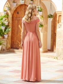 EVERPRETTY 春夏简约V领胸前贝壳褶裥橙色伴娘礼服