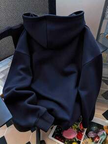 Women's Minimalist Print Solid Color Hoodie(Sudadera Con Capucha), Premium Cotton Blend Fabric, Basic Casual Light Street Style, Soft Long Sleeve Hooded Sweatshirt, Great For Daily Wear, Must-Have Essential For 2026 Spring Break And Back To School - Xanh nước biển - Xem 2