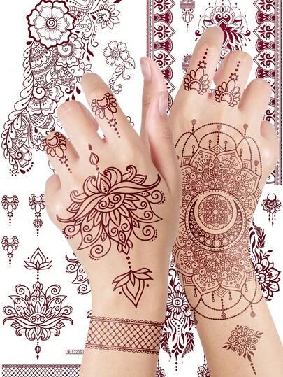 1pc Vermilion Lace Temporary Tattoo Stickers, Henna Tattoos Waterproof Long Lasting, Mandala Peacock Floral Patterns Body Art Stickers, For Women&Festvial Party, Rave Accessories, Tatooes For Women, Fake Tattoo