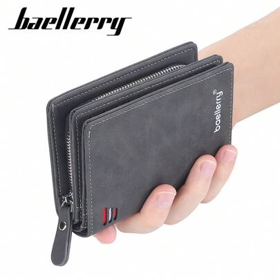 Baellerry Men's Short Wallet, European And American Retro Style, Multiple Card Slots, Vertical Design, Zippered Coin Purse Men