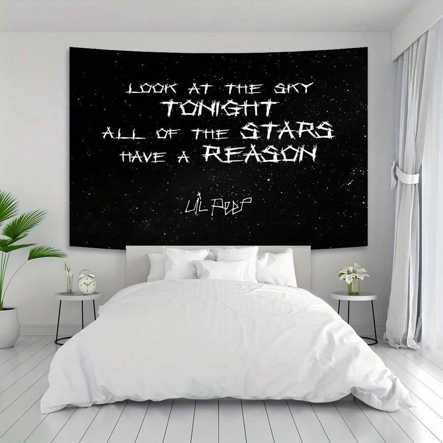 Lyrical Starry Sky Tapestry, "Look At The Sky Tonight All Of The Stars Have A Reason" Text With Starry Background (2D Flat), 100% Polyester, Multiple Sizes, Machine Washable, All Season, Smooth Texture, Home Decoration, Aesthetic Quote Wall Decor For Bedroom - trộn - Xem 1