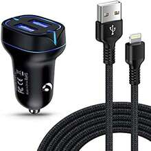 Cargador de teléfono de coche Lightning cargador de carga rápida para iPhone 14 13 12 Pro Max Mini 11Pro 10 SE X XR XS Max 8 7 6 Plus, cable de iluminación de Apple 6 pies + 4.8A adaptador de encendedor de cigarrillos USB de doble puerto - negro - 182cm - Ver 2