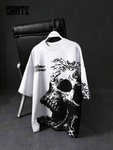 黑白涂鸦骷髅印花宽松版型个性化字母短袖T恤，街头服饰 - 白色 - 查看 1