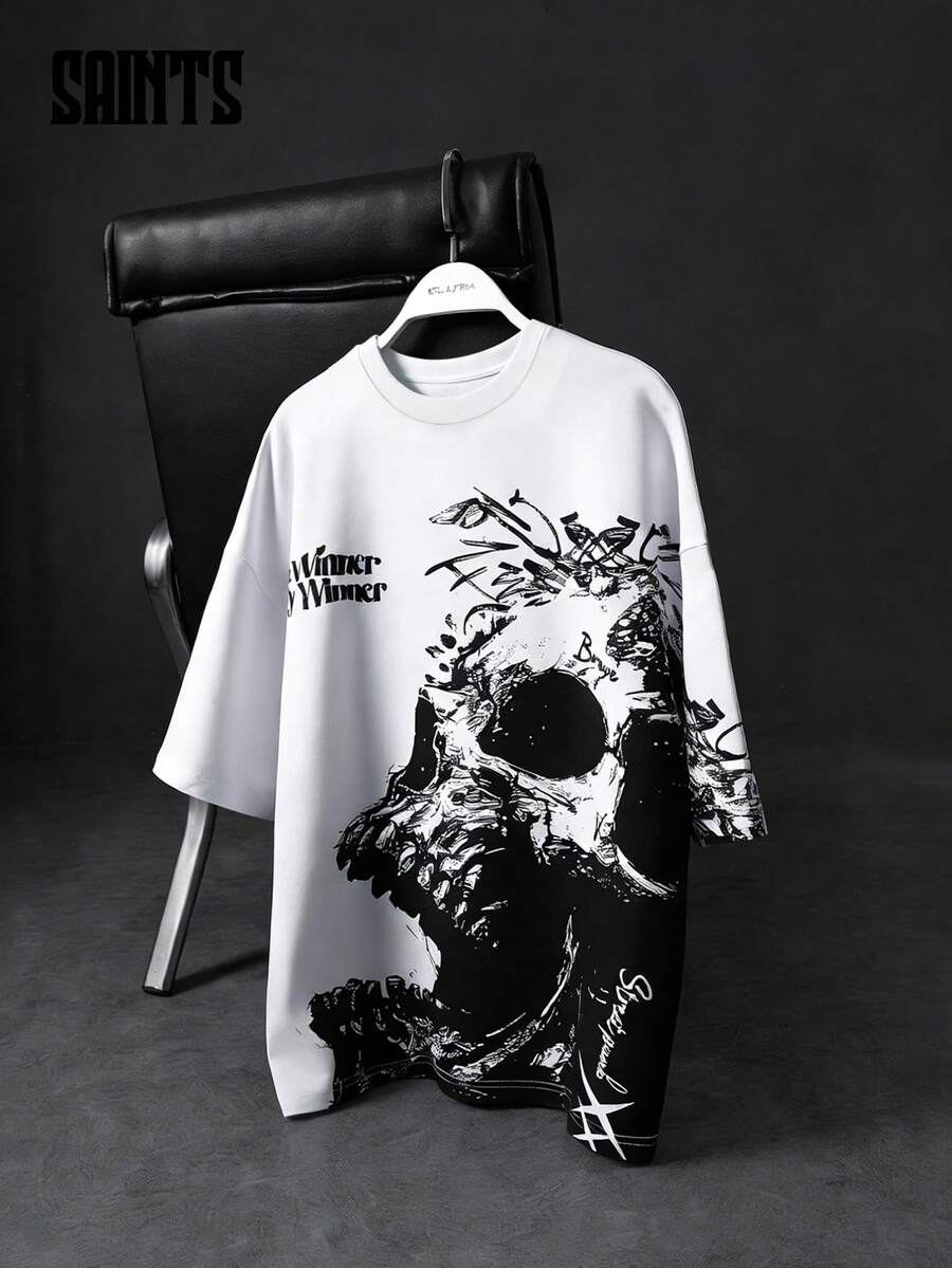 黑白涂鸦骷髅印花宽松版型个性化字母短袖T恤，街头服饰 - 白色 - 查看 1