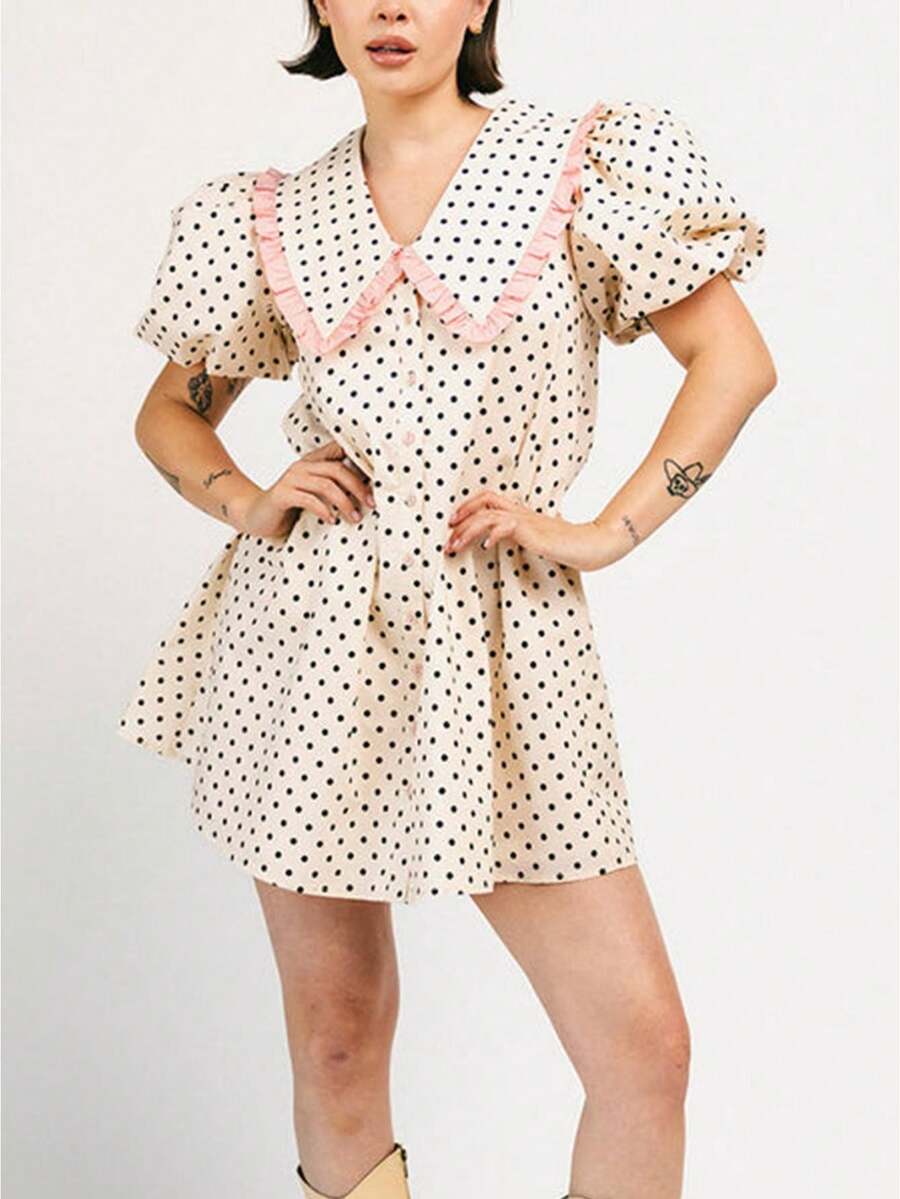Women's Polka Dot Dress Ruffled Collar Short Puff Sleeve Button Front A-Line Mini Dress For Retro Casual Outfits - 杏色 - 查看 1