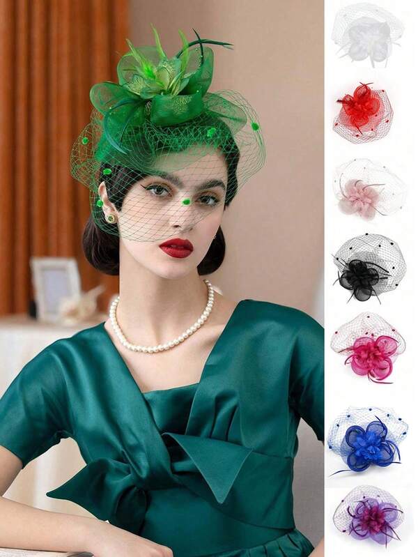 1 pieza Sombrero vintage de mujer, Sombrero de tocado, Tocado retro de los años 20, 30 y 50, Sombrero de copa redondo, Velo floral, Sombrero para té de boda